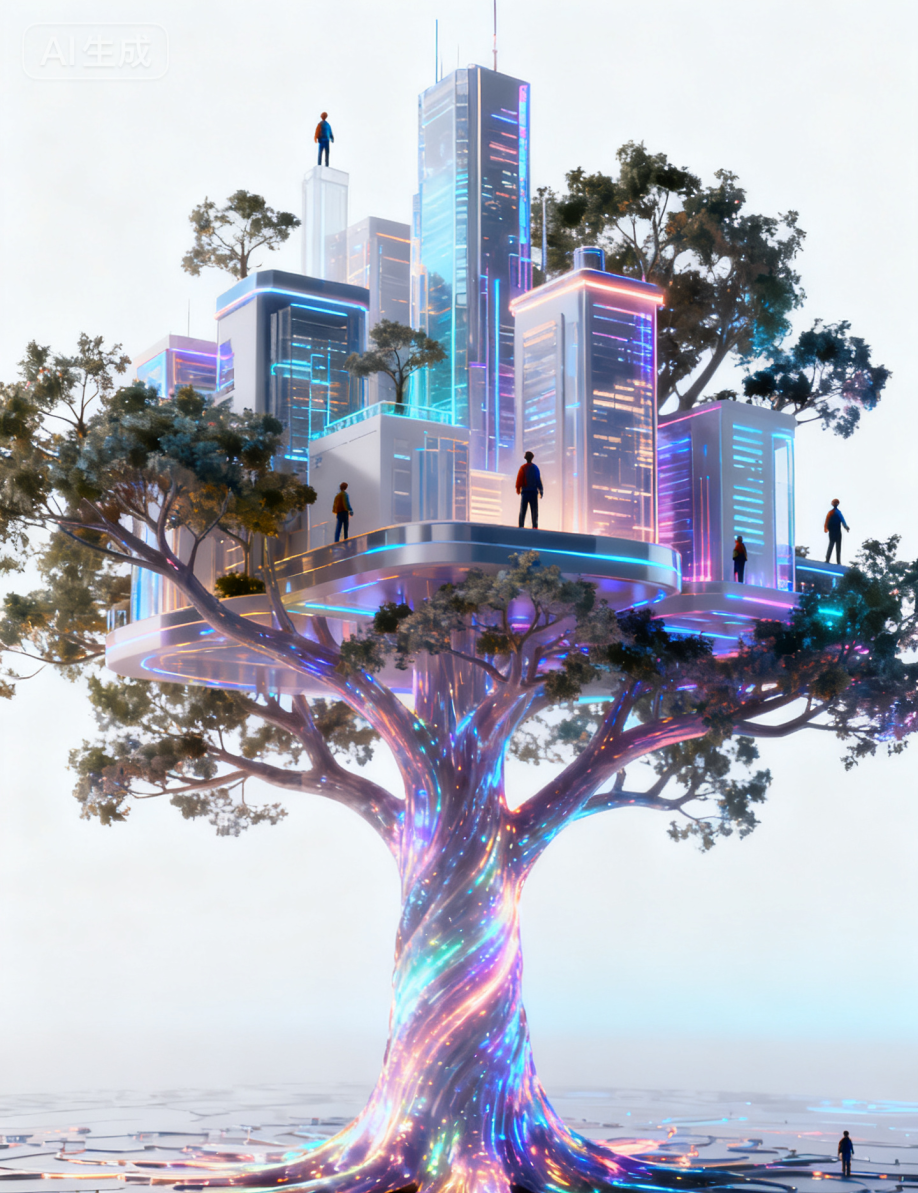 jimeng-2025-09-29-4335-在透白渐变背景，以全景视角，树形图铺在地上，主干部分流光溢彩科技感，树梢长出4D....png